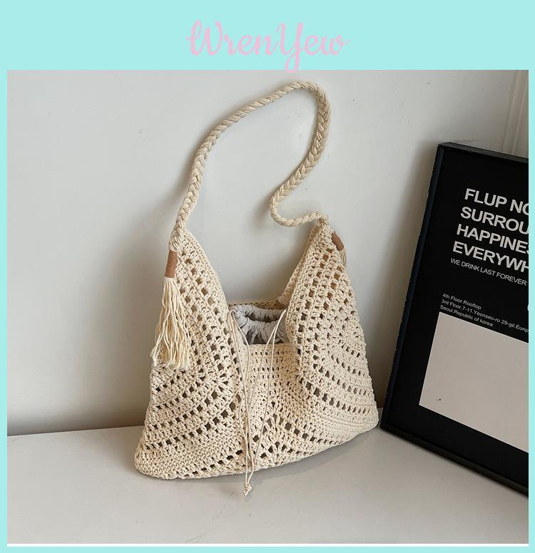 Woven Beach Bag With Large Capacity Tassel Drawstring For Summer Vacation And Casual Travel
