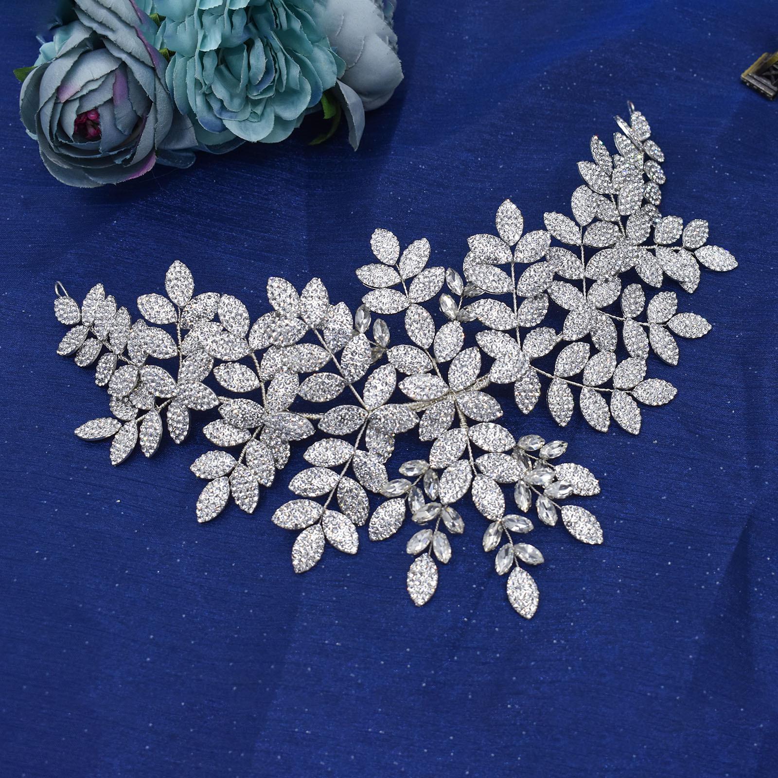 

Свадебная повязка на голову ручной работы со стразами и дизайном в виде листьев из сплава - Европейский и американский стиль серебряный