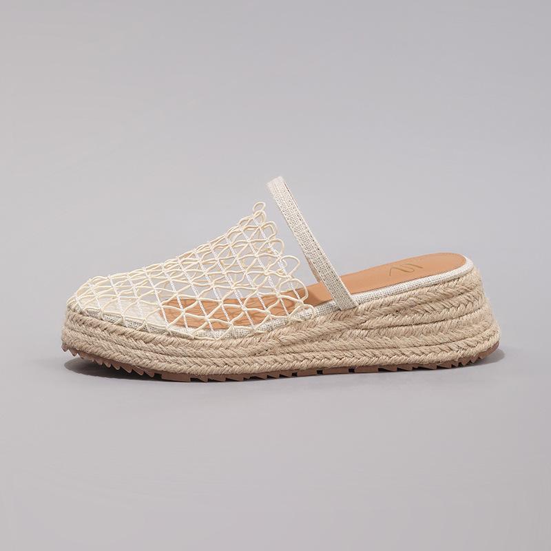 Hemp rope slope heel platform sandals women's mesh hollow breathable casual flat bottom cool slippers daily fashion breathable mesh