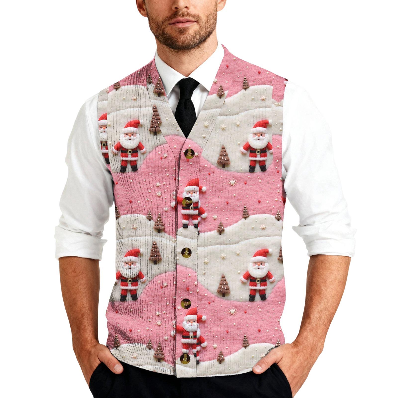 

Men s Sleeveless Knit Button Front Shirt Vest Christmas Themed Printed Pattern Holiday Casual Layering Top XL