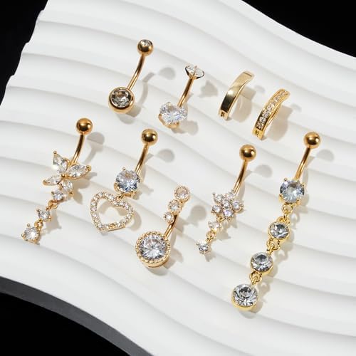 Set of 9 Cute 14G 1.6MM Stainless Steel Belly Button Rings with Zircon 1.6MM Cute Clicker Navel Piercing Jewelry for Women