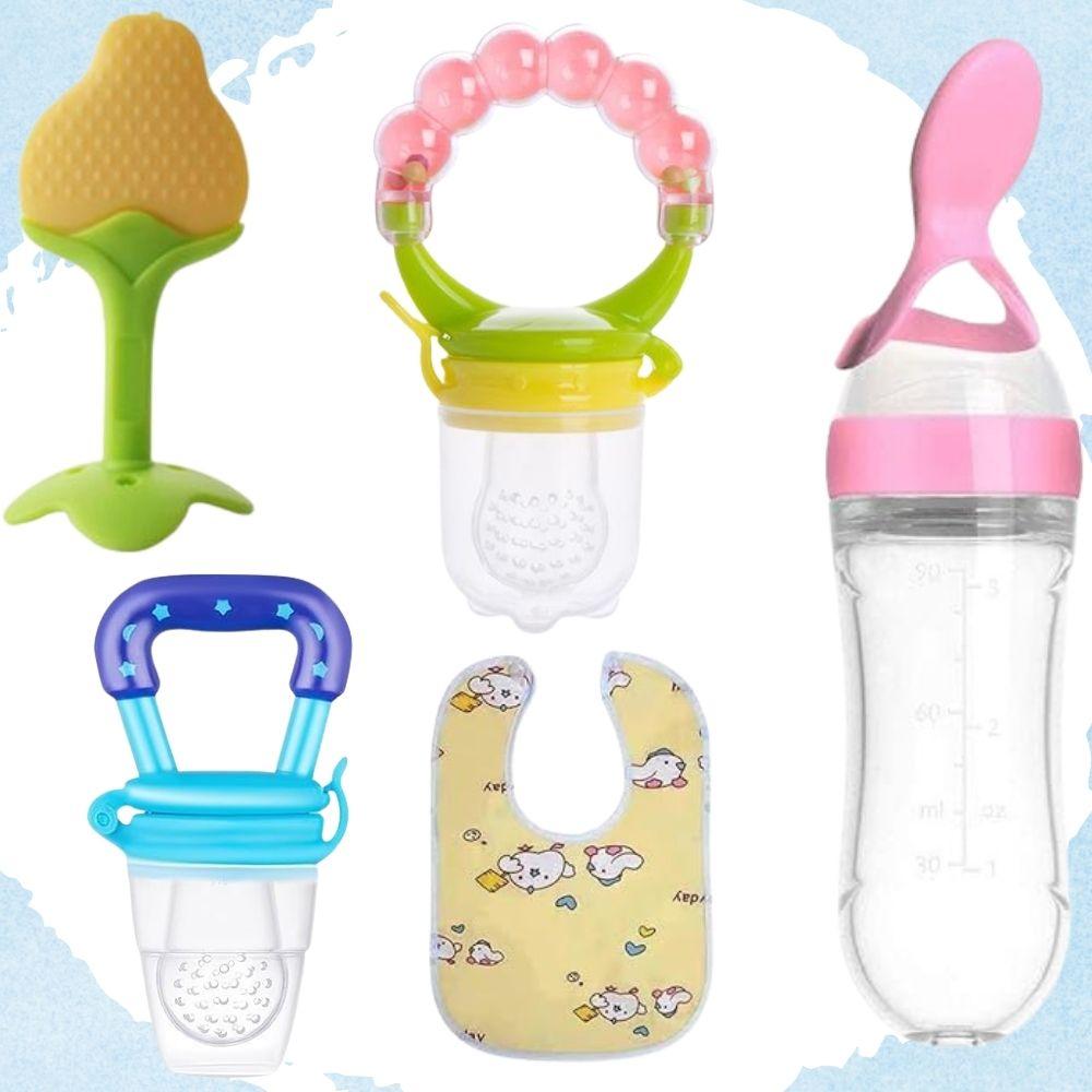Baby Feeding & Play Combo – Teether, Rattle, Fruit Feeder, Bib & Spoon Feeder Bottle (Pack of 5)