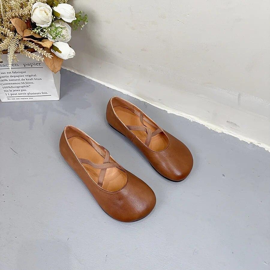 Johnature Genuine Leather Shallow Flats Retro Loafers Comfortable Soft Sole Round Toe Versatile Women's Shoes