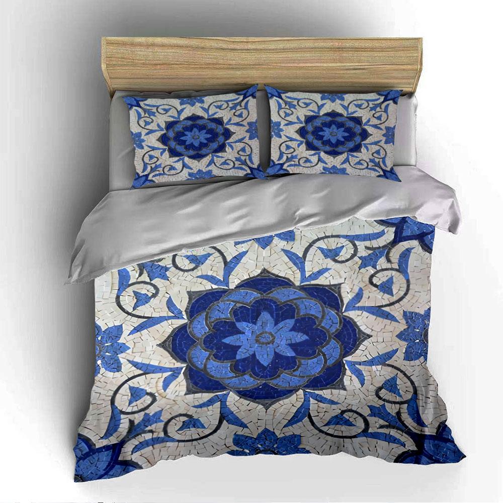 Blue Floral Mosaic Pattern Bedding Duvet Cover Set Duvet Cover Pillowcases  (1*Duvet Cover 2*Pillowcases, Without Duvet Insert)