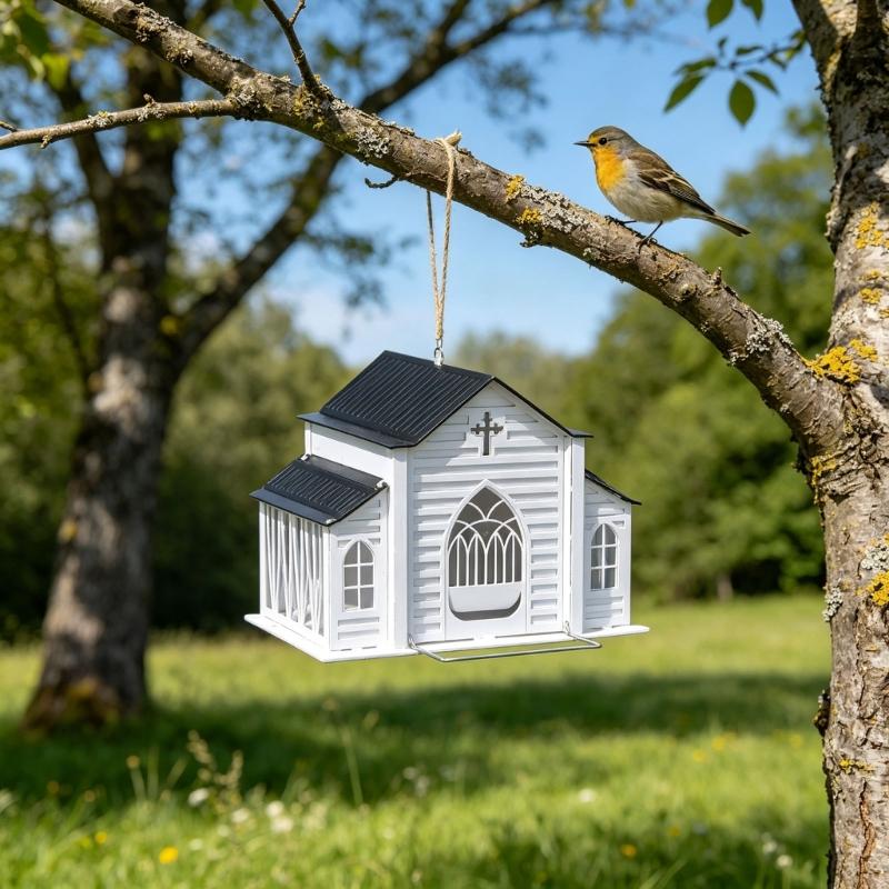 Church Shape Metal Solar Bird Feeders with Light Outdoor Hanging Church Birds Feeders Large Capacity Decorative