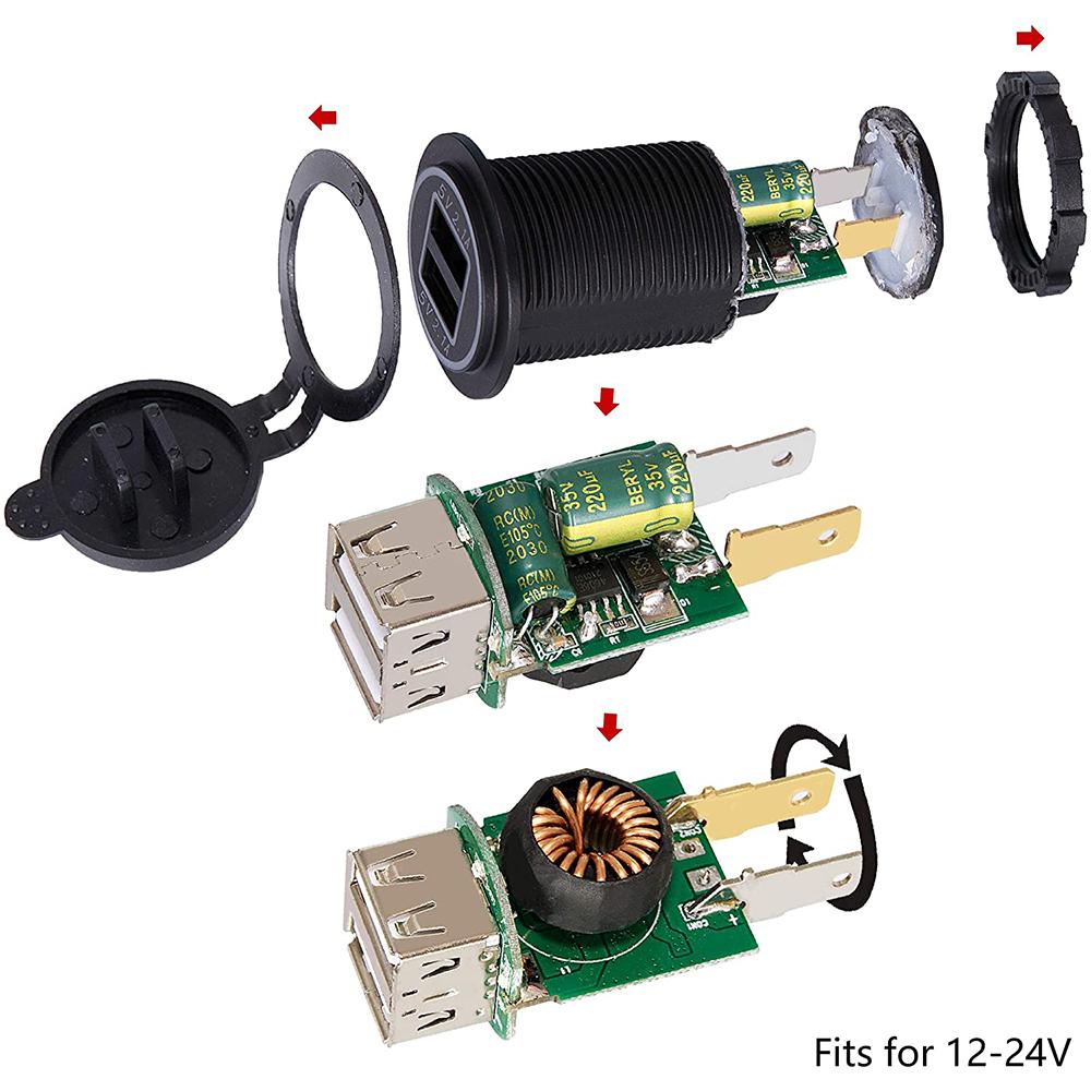 12V 24V Dual USB Charger Socket Power Outlet 2.1A & 2.1A for Car Boat Marine RV Mobile with Wire Fuse DIY Kit Blue Red Green LED