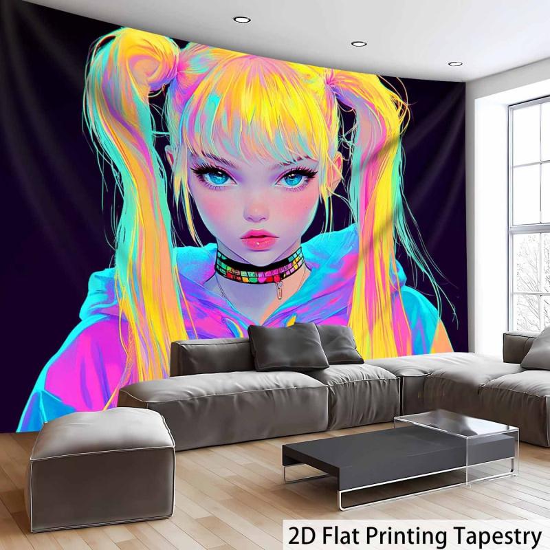 VIKAMA Neon Doppel-Pferdeschwanz Mädchen Trendig Cool Wandteppich Cyberpunk Stil E-Sport Zimmer Tapete Zimmerdekoration Hausdekoration