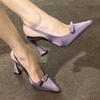 Purple satin horseshoe heel bow sandals women's pointed rhinestone buckle sexy high heels