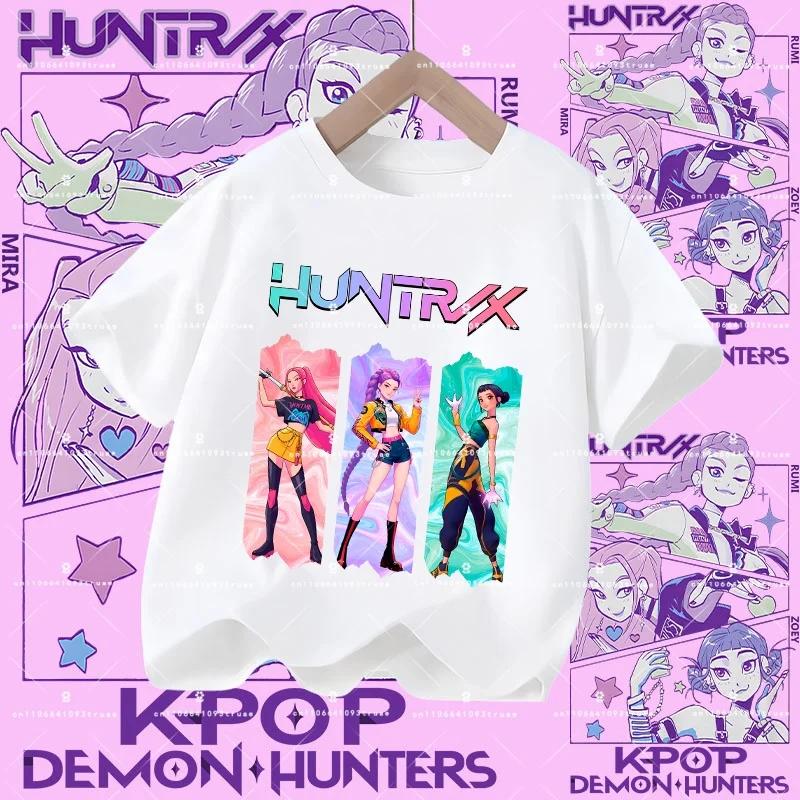 2026 New Kpop Demon Hunters Children's Polyester T-shirt - Girls' Casual Top with Cartoon Print - Summer Short-Sleeved Sports Shirt