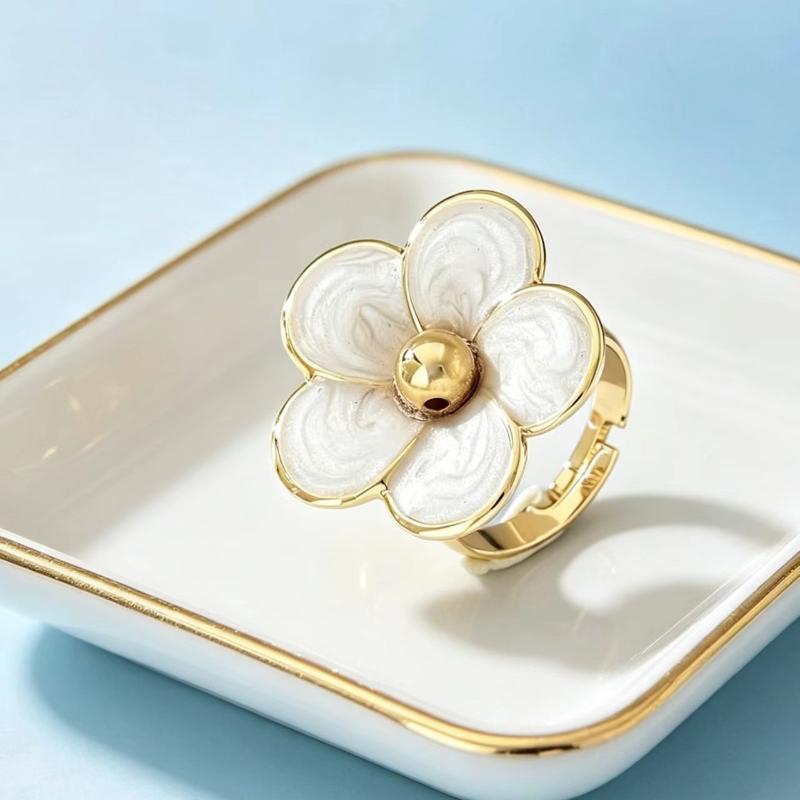 Gold Plated Colorful Enamel Flower Ring Elegant Dainty Floral Pattern Skin-friendly for Women Daily Date Wear Accessory