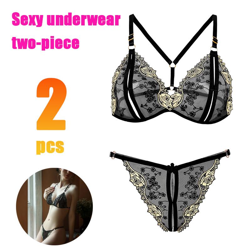 Sexy Three Point Embroidery Underwear Set Plus Size Adjustable Erotic Open Crotch Thong Flower Lingerie Micro Bikini Cupless Bra 2 piece set