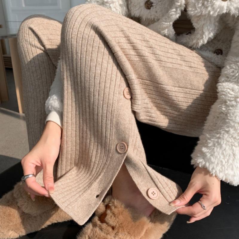 Split Knitted Wide Leg Pants for Women In Autumn and Winter, Loose Fitting, High Waisted, Draped, Casual and Comfortable Pants