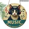 2D Flat 1pc, 8x8 in, Metal Wall Art - Round Humorous Music & Cat Decor Sign with "Music Because Murder Is Wrong" Quote, DurableAluminum Weatherproof