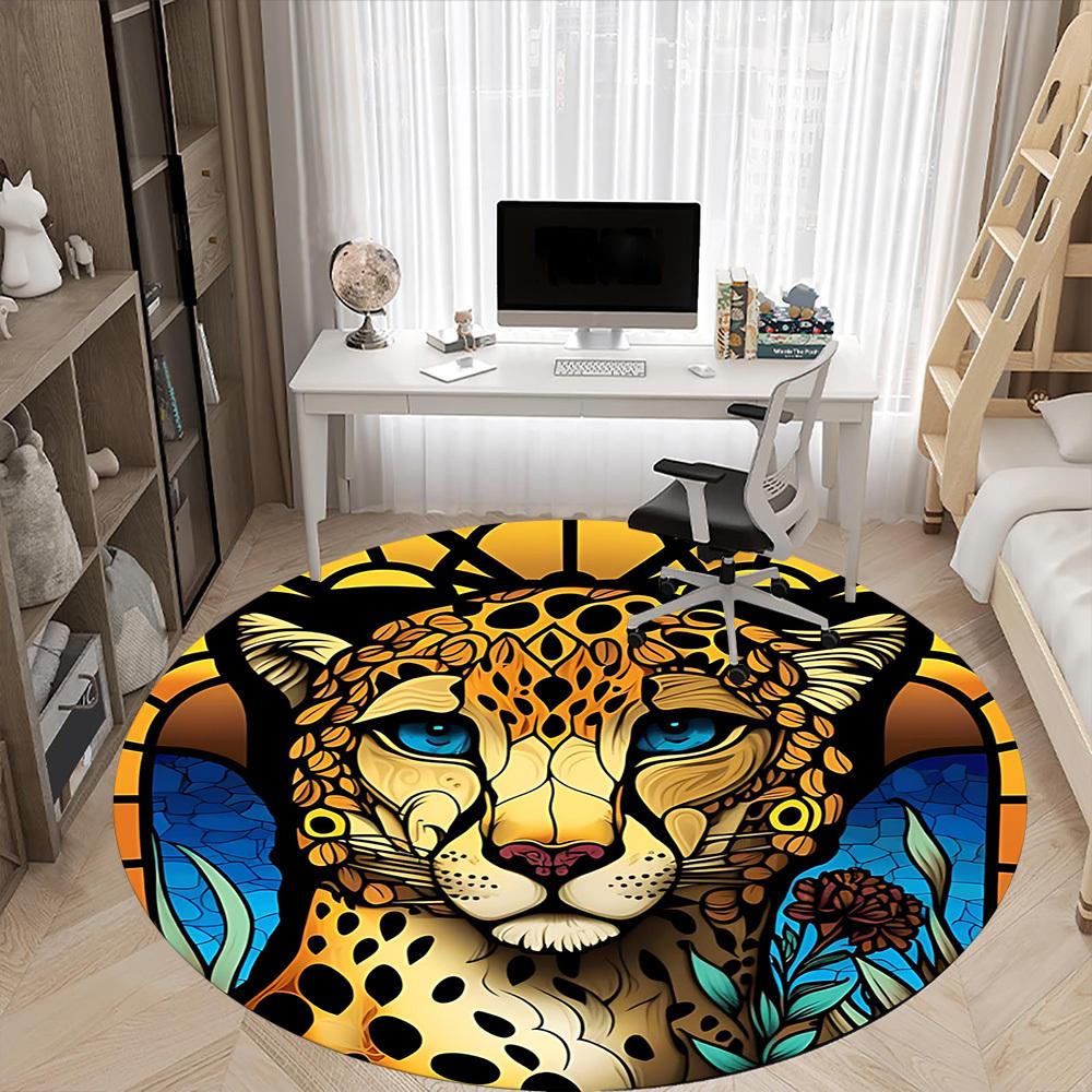 1PCCheetah StainedGlass Office Round Area Rug,  Mat Suitable For Office, Under Office Chairs Bedroom Living Room Home Decor, Room Deco