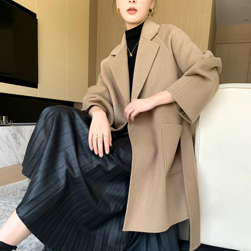 Women's High-End Double-Faced Wool Coat - New Autumn/Winter Style, Loose Mid-Length, Tie-Waist, 100% Wool Fashion Coat.