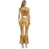 Women Shiny Metallic 70s Disco Costume Lapel Collar Sleeveless High Waist Flared Jumpsuit Dance Outfit