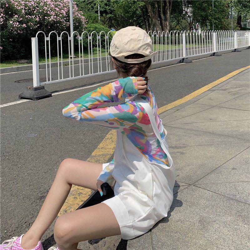 Korean Style Two-Piece Set: Loose Mesh Sun Protection Top + Fashionable Slimming Bib Shorts for Female Students.