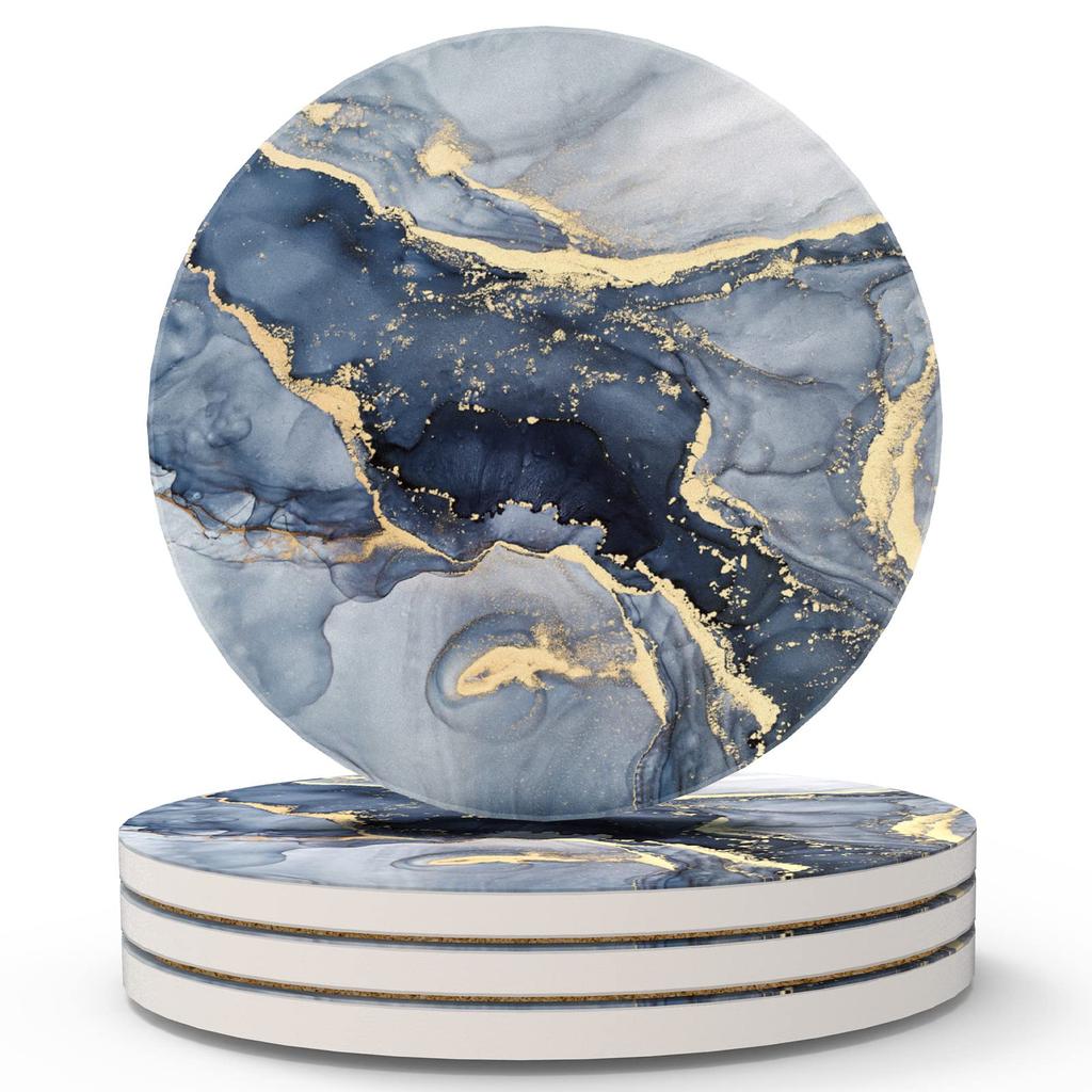 HAOCOO Stylish Ceramic Coasters with Marble Pattern and Cork Backing, Round, Set of 4, for Mugs and Tea, Insulating, Better Than Diatomaceous Earth,