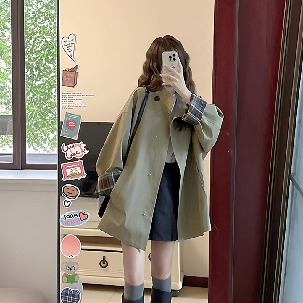 Khaki trench coat women's spring and autumn new Korean version loose and thin medium and long British style coat ins
