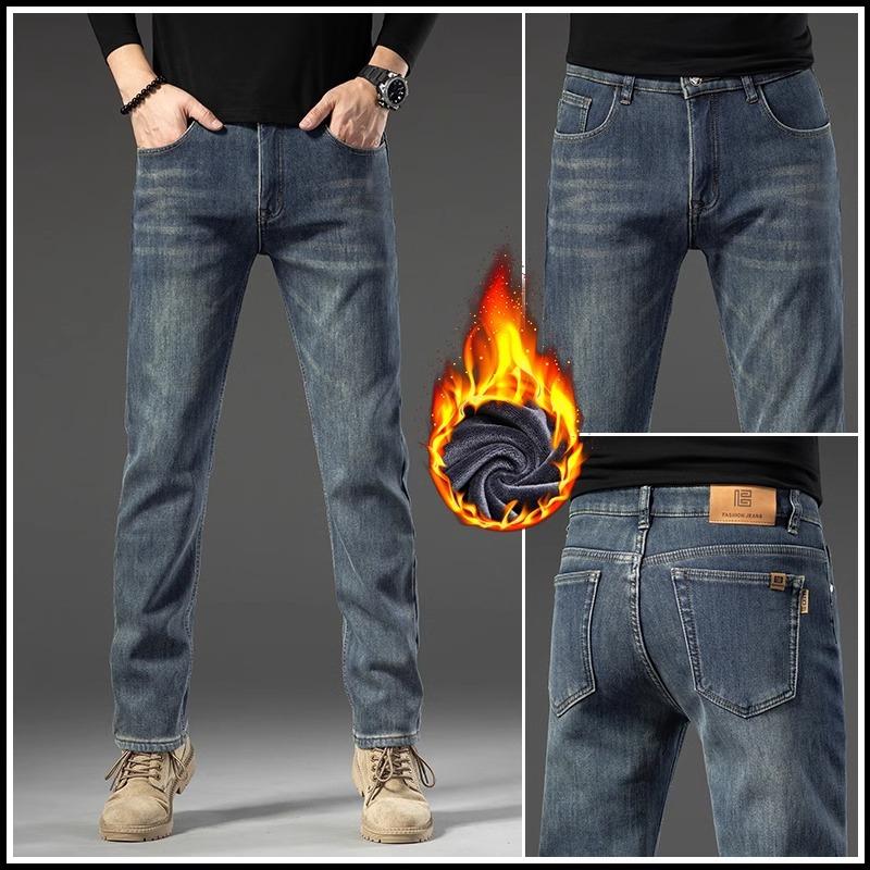 Spring And Autumn Winter New Men'S Plush/Regular Jeans Slimming Straight Stretch Business Versatile Long Pants