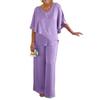Summer Two Piece Outfit with V-Neck Layered Top and Wide Leg Pants