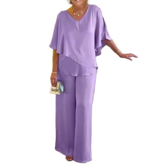 Summer Two Piece Outfit with V-Neck Layered Top and Wide Leg Pants
