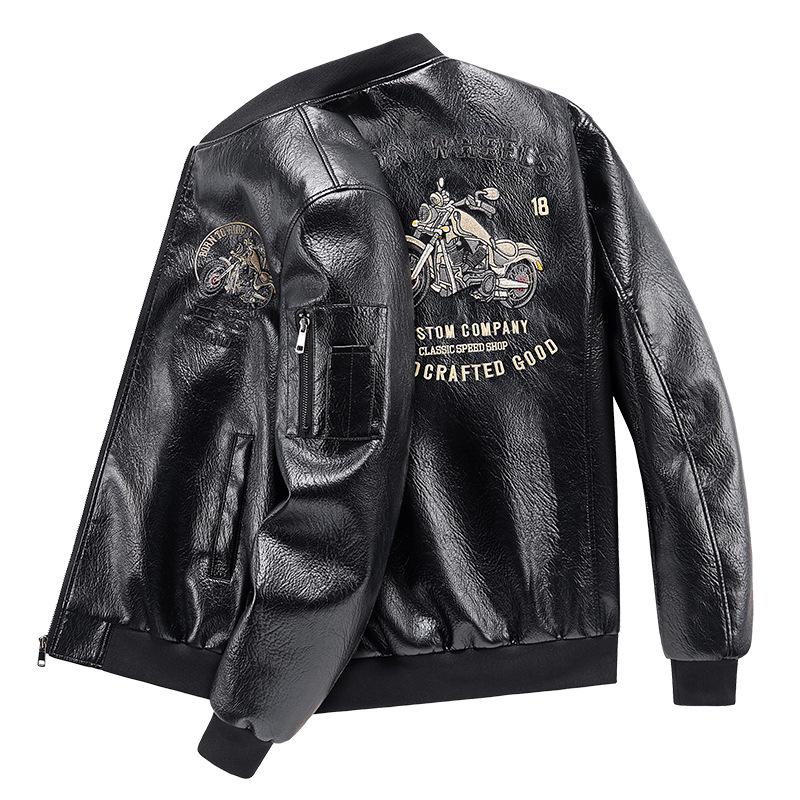 

Trendy Plus Size Leather Flight Jacket for Men - Autumn Motorcycle Stand Collar with Embroidered Design 4XL чёрный