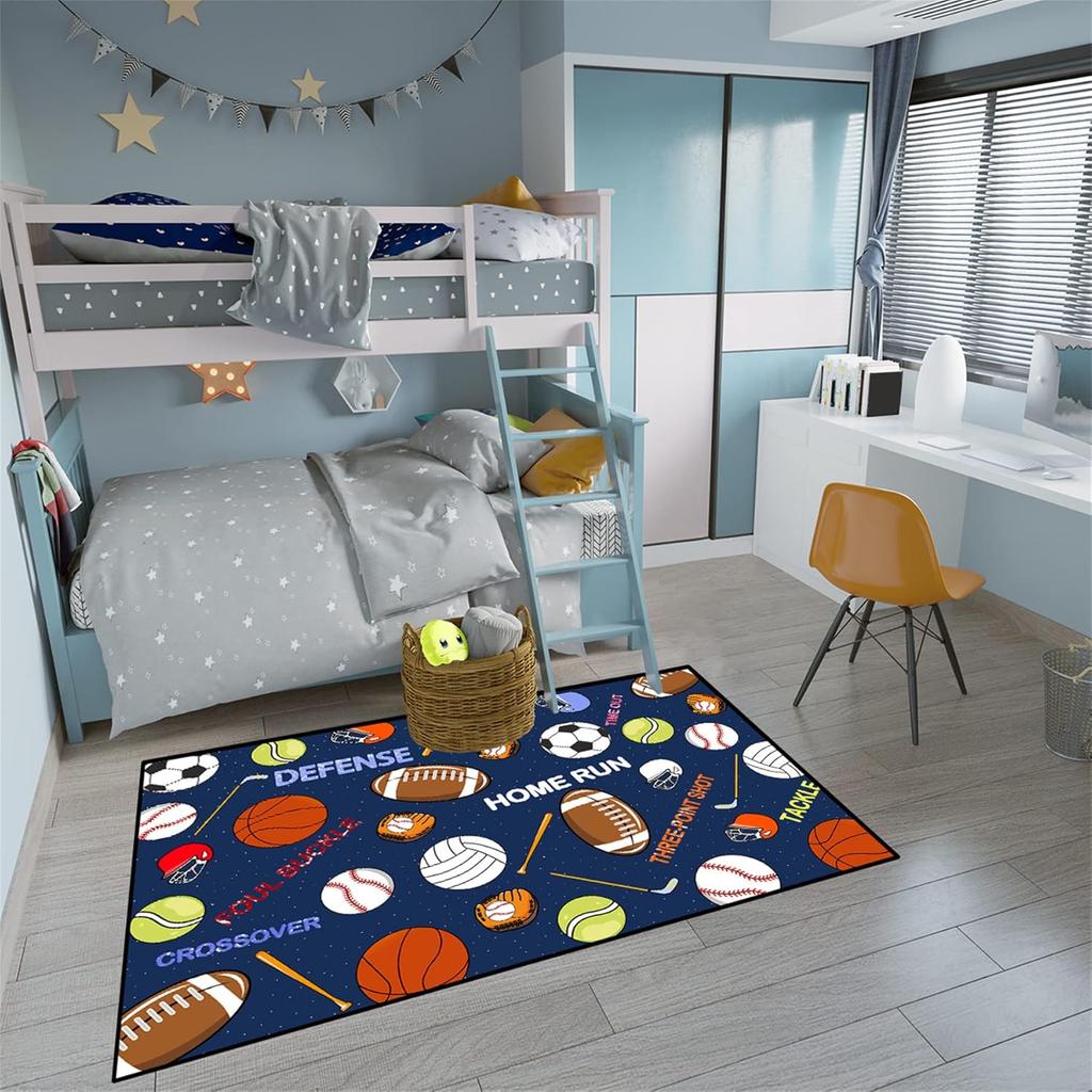 Navy Blue Sports Rug for Boys - Soccer Basketball Football Tennis Ball Kids Bedroom Decor, Non-Slip Playroom Carpet