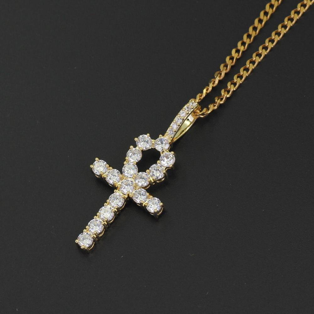 CN019 Hip Hop Anha Cross Pendant with Cuban Chain Brass Setting CZ Stones Necklace Jewelry for Men and Women 16inch cuban chain