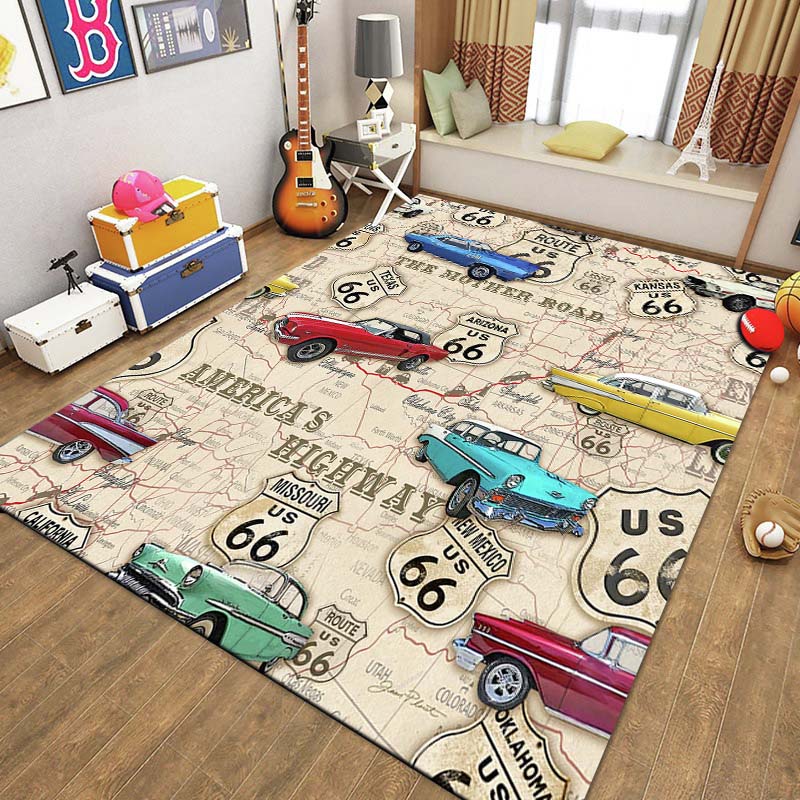 15 Sizes Route 66,Mother Road Sign Pattern Area Rug,Carpet for Home Living Room Bedroom Sofa Doormat Decor,Non-slip Floor Mat