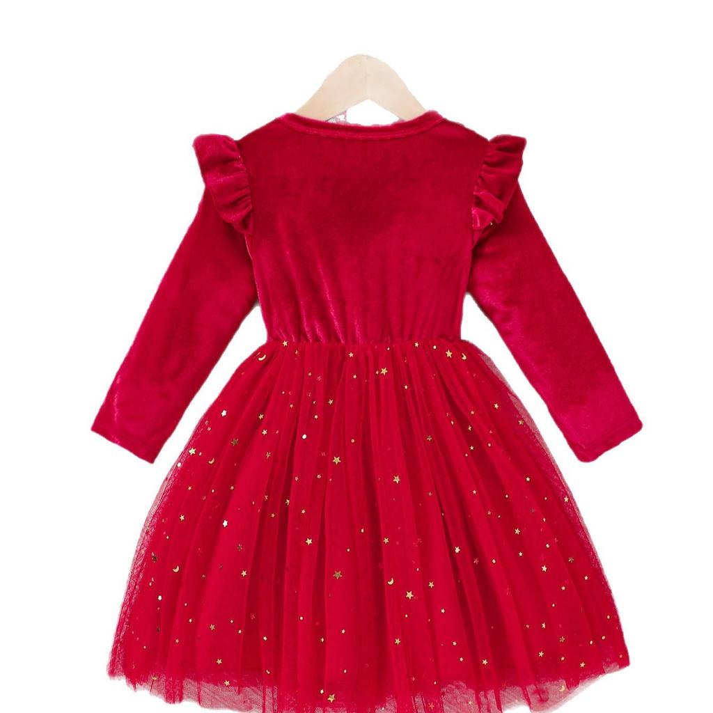 European & American Style Girls' Christmas Gold Velvet Star Mesh Dress