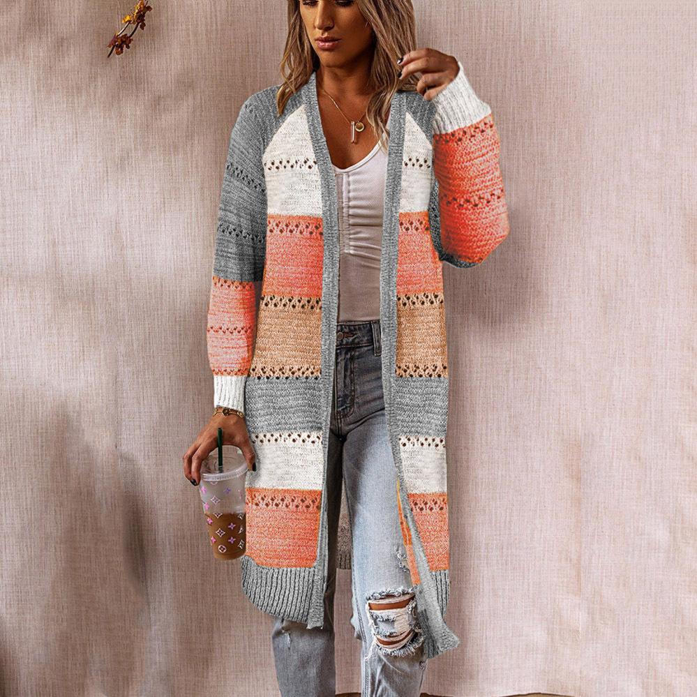 Women's Autumn and Winter Long-sleeved V-neck Plaid Long Cardigan Sweater