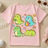 Girls' Short-Sleeve Casual T-Shirt with Cute Cartoon Dinosaur Print for Spring, Summer, and Fall