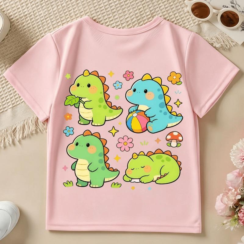 Girls' Short-Sleeve Casual T-Shirt with Cute Cartoon Dinosaur Print for Spring, Summer, and Fall
