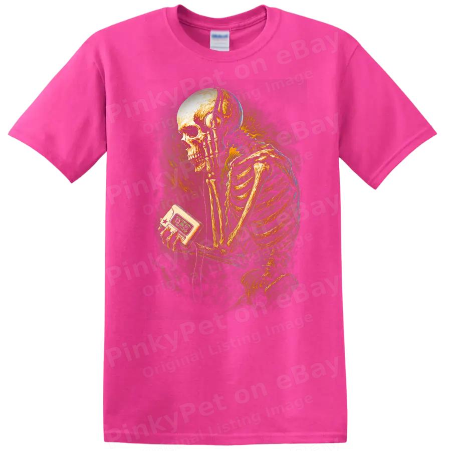 Skeleton Listening To Music T Shirt Vintage Retro Art Music Lover Tee