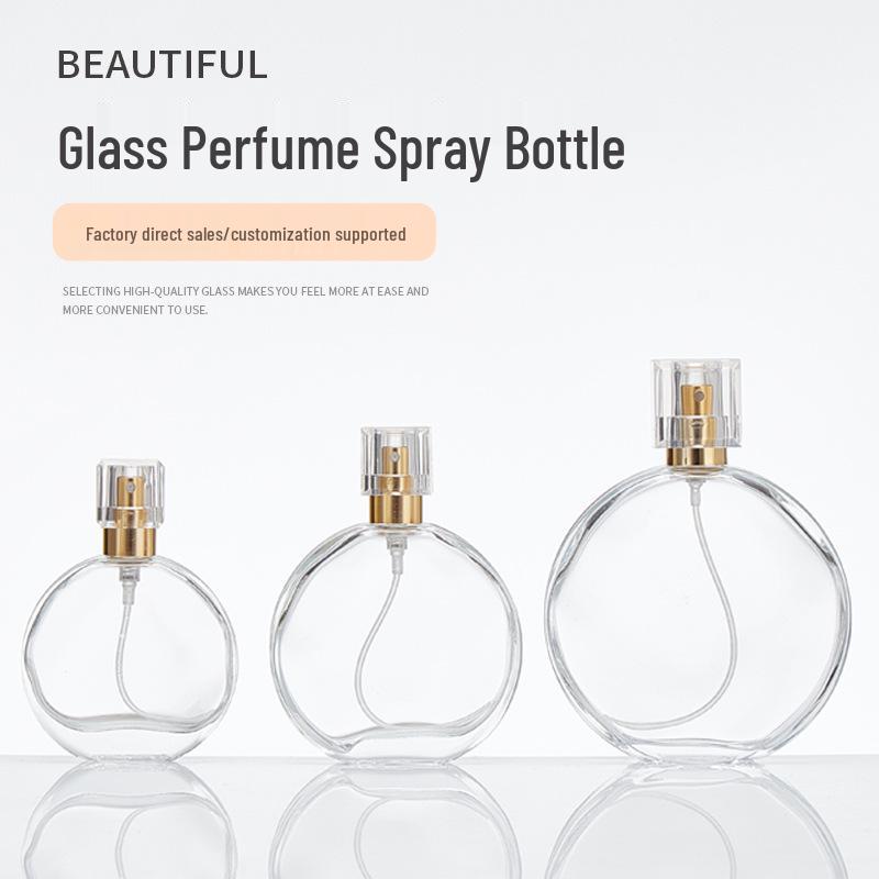 High-End Transparent Glass Perfume Bottle, Flat Round Bayonet, 30-50ml Press Spray