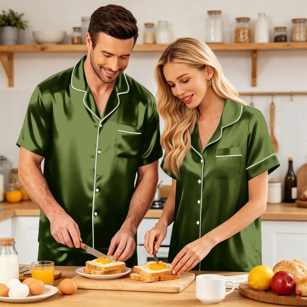 Couple Matching Pajama Set Short Sleeve Button Down Shirt And Shorts Sleepwear Soft Casual Loungewear S To XXXXL