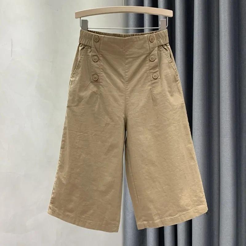Cotton Cropped Pants for Women In Summer Elastic High Waisted Slimming and Wide Leg Casual Pants with Versatile Temperament Thin Mid Length Pants