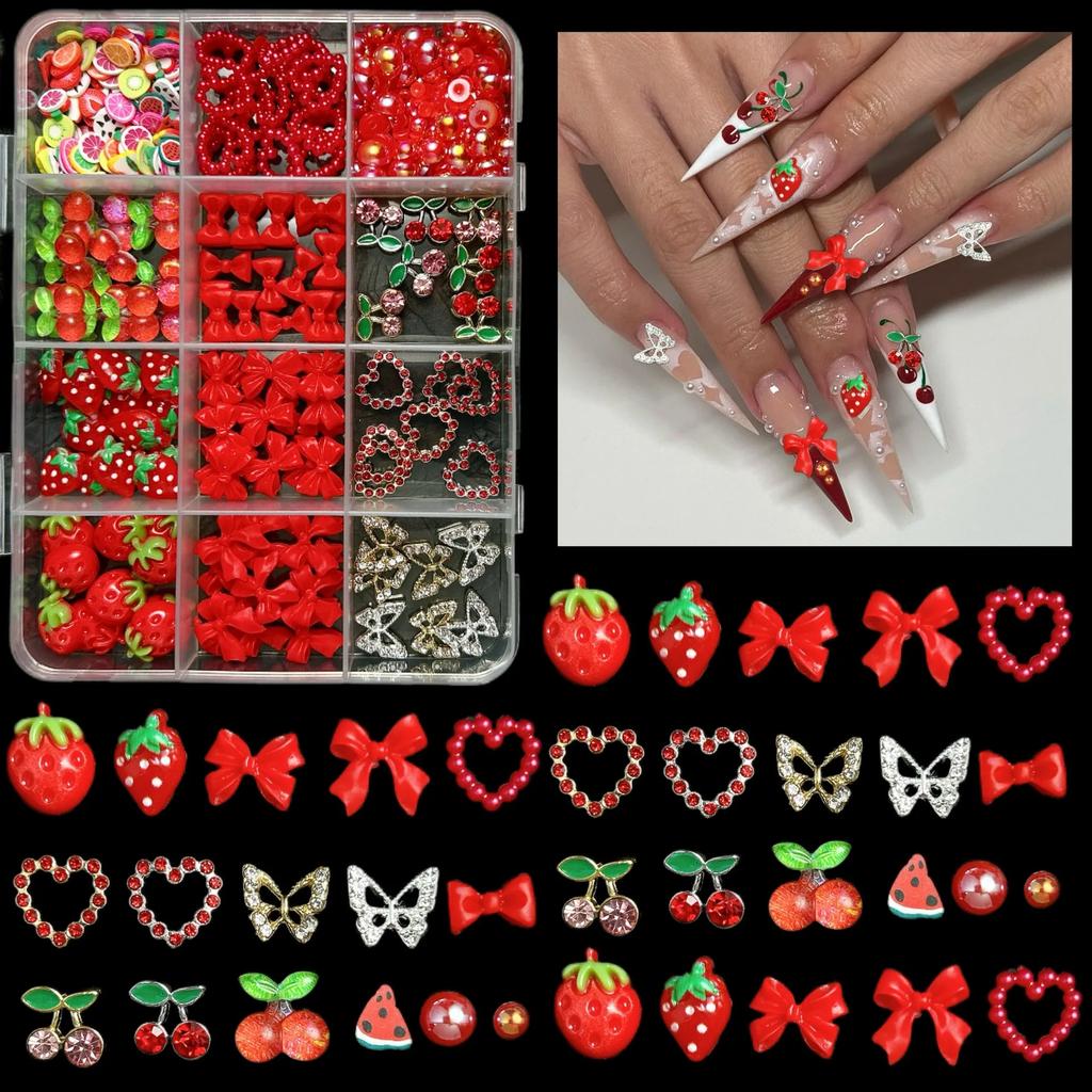12Grids/Box Mixed Resin Bowknot Nail Charms 3D Colorful Bow Kawaii Rhinestone Nail Art Decorations DIY Manicure Parts Pen Tweeze