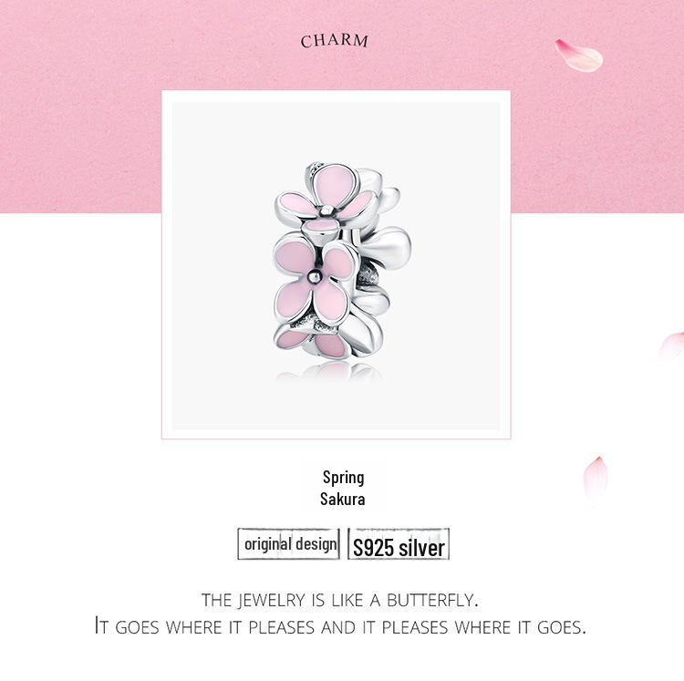 Sterling Silver Pink Four-Leaf Flower Beaded Bracelet Spacer Jewelry