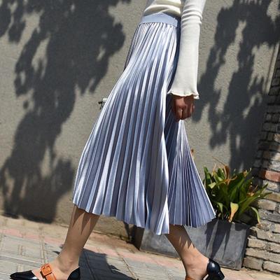 Women Long Skirt Japan Metallic Satin Organ Pleated Skirt A Line Skirt High Elastic Waist Mid-length