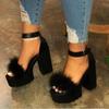 Fashion Woman Furry Sandals High Heels with Fur Female Platform Pumps Women Ankle Strap Women's Wedge Shoes 2025 Summer