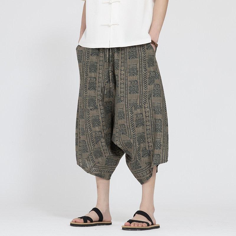 Chinese style men's summer new printed large pants beach pants large size trend loose zen seven-point Harlan pants