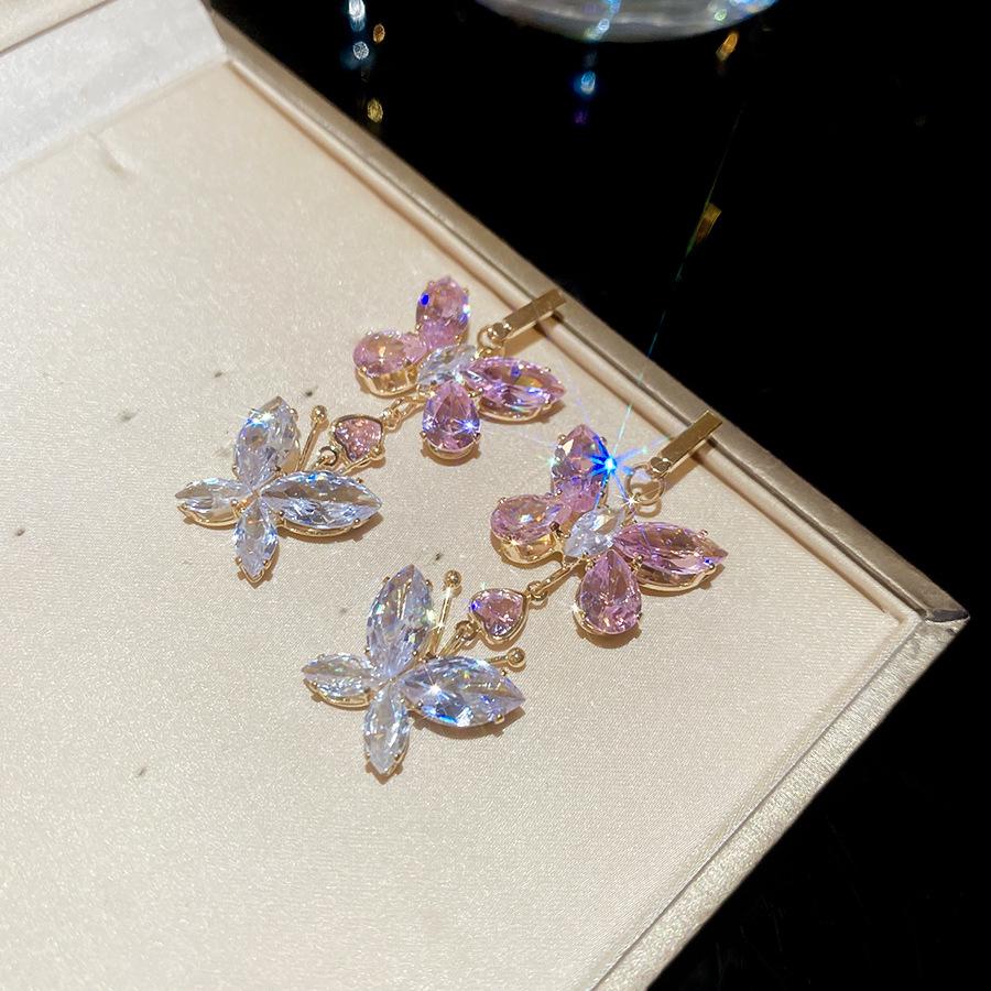 Silver Needle Pink Butterfly Zircon Cutout Stud Earrings - High-End Luxury Fashion Jewelry