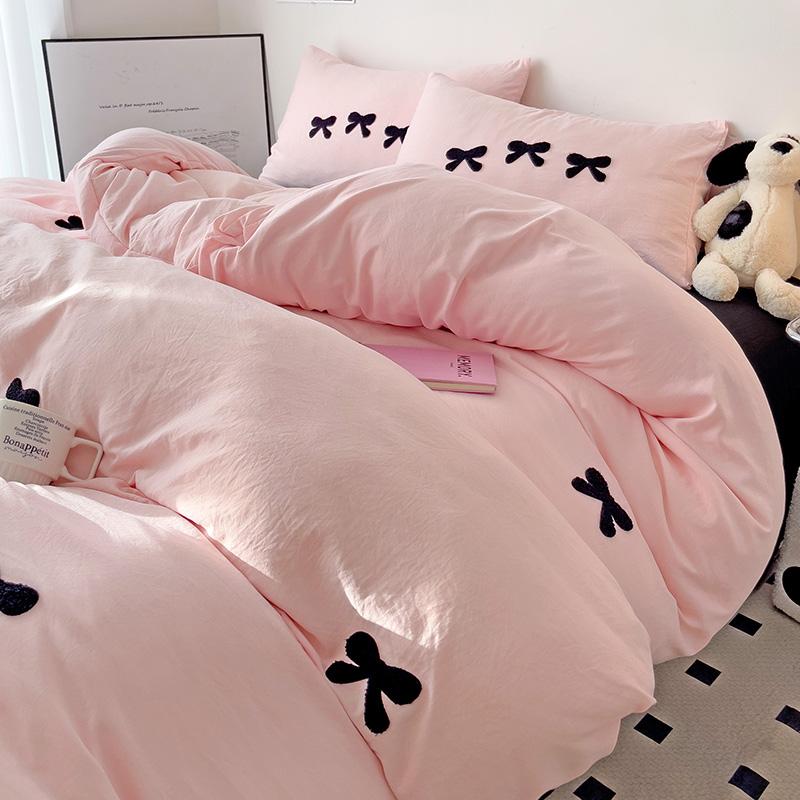 Black Bow Embroidery Duvet Cover 3 Pieces Set Girl Adult Bedroom Pink Decor Quilt Cover Solid Color Bedding with 2 Pillowcases