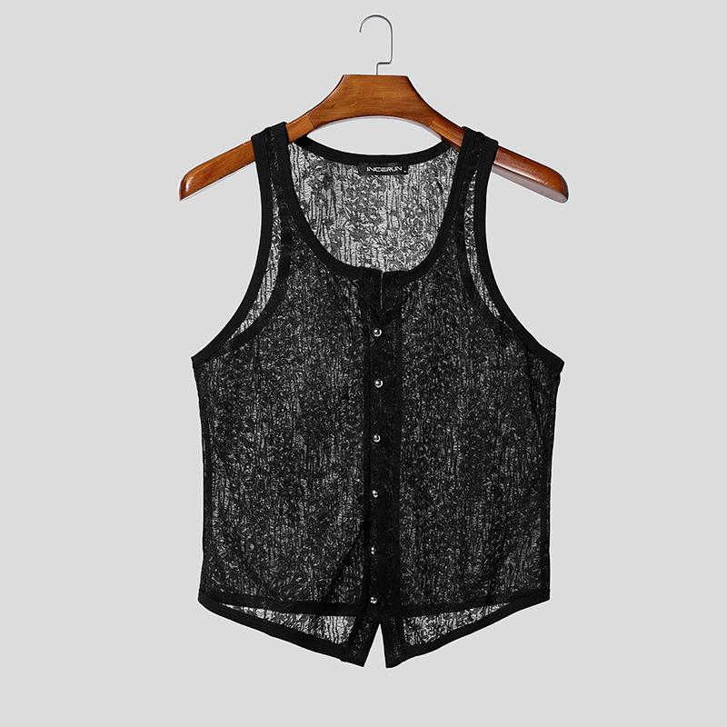 INCERUN Summer Men U Neck Sleeveless Buttons Lace Mesh Sheer Casual Tank Tops