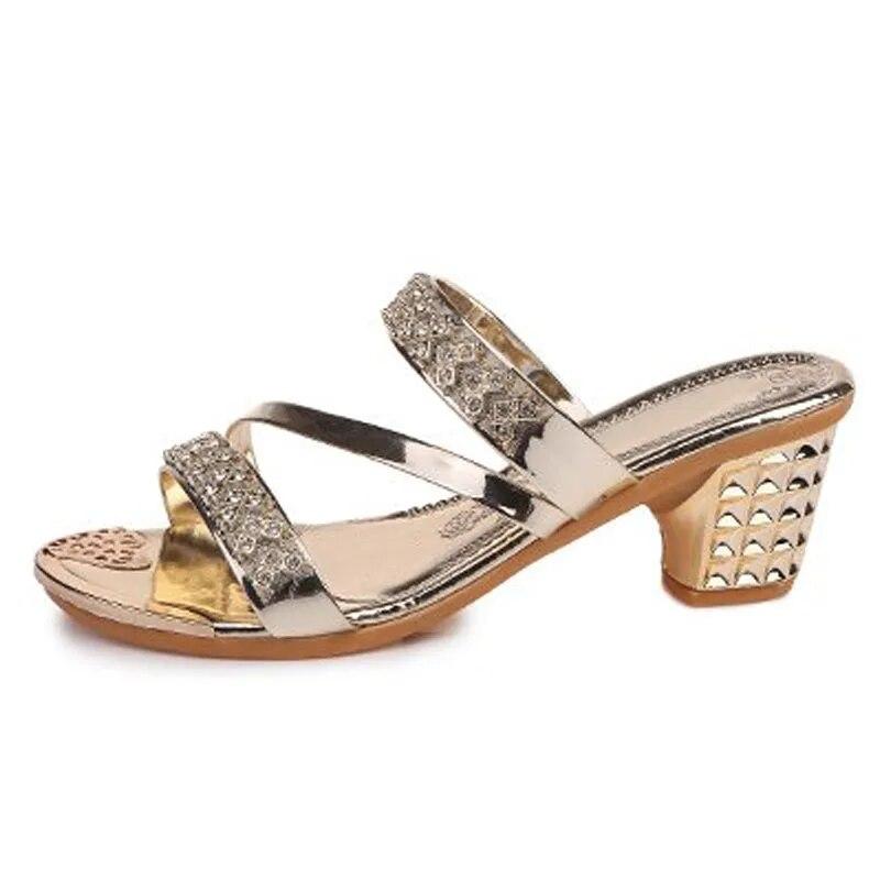 Summer Women Shoes High Heels Sandals Peep toe Ladies Shoes Brand Modern Black Silver Gold Square Heels 7cm Big Size 41