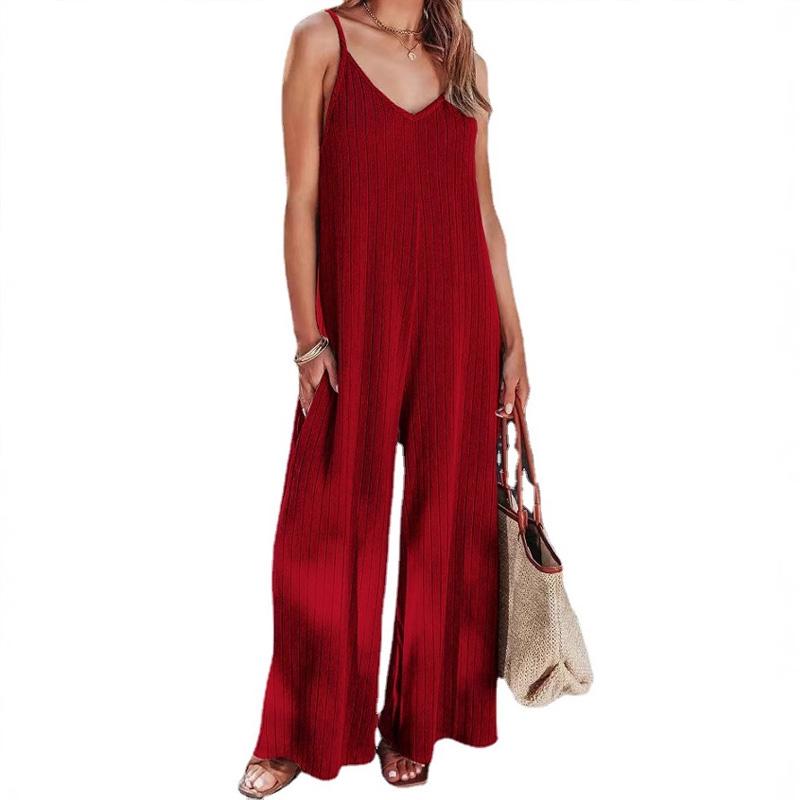 

1Set Polyester Fiber Fashion Trousers Solid Color Backless Casual with The Pocket Sexy Women s Suspender Jumpsuit Knitting XL