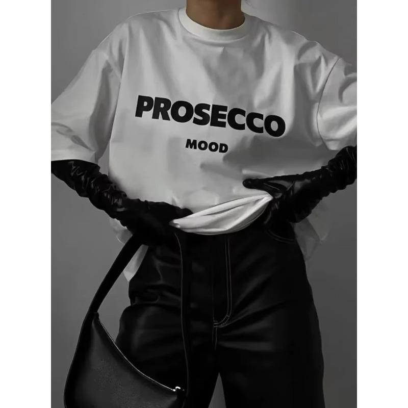 PROSECCO MOOD Letter Graphic Printed S Women Oversize Female Soft Round Neck Lady Y2k Tops