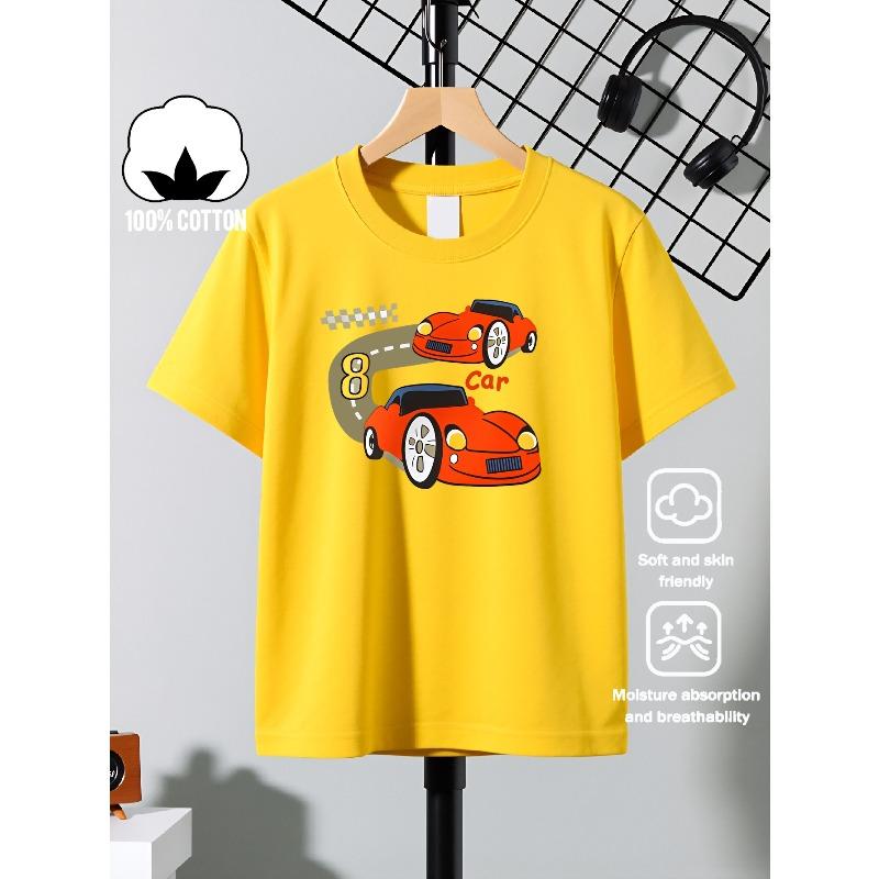 European sizes Boys' Short-sleeve T-shirt,Cotton with Printed Design, Red Racing Car Number Eight Children's Short Sleeves